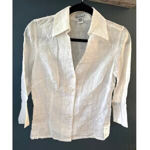 Alexandra Bartlett Embroidered‎ White Linen Top Small Eyelit V-Neck Cottagecore